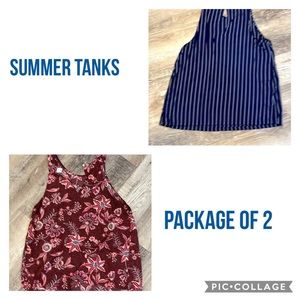 Old Navy Work to Play Blue Pinstripe and Floral Maroon Tanks. Size M.